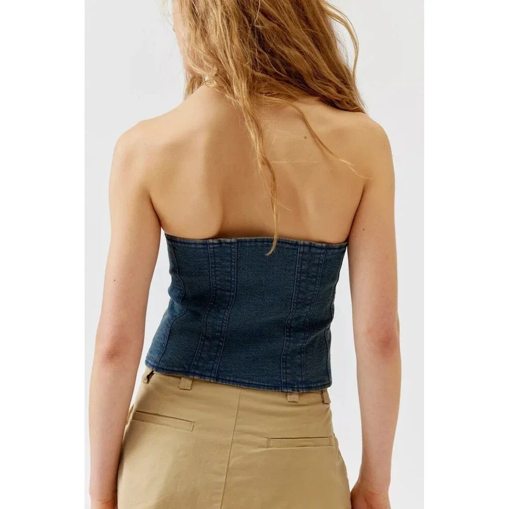 Urban Outfitters UO Leila Denim Lace-Up Tube Blouse Top Cropped Blue XS 289828